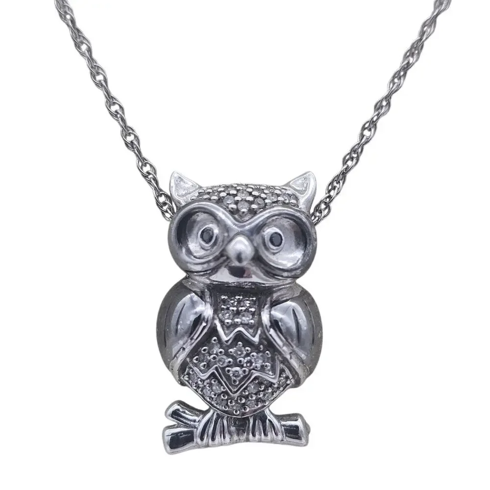 Sterling Silver Owl On The Branch Diamond Pendant with Chain Necklace - Picture 1 of 8